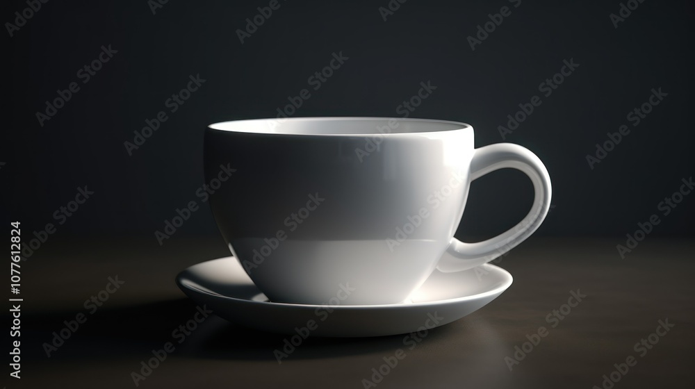 A sleek 3D model of a plain white ceramic coffee cup, placed on a clean white surface with subtle shadows A sleek 3D model of a plain white ceramic coffee cup, placed on a clean white surface with subtle shadows