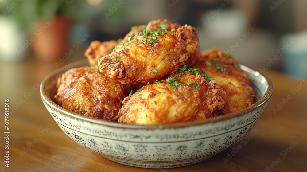 Crispy fried chicken drumsticks in a bowl, garnished with parsley. Crispy fried chicken drumsticks in a bowl, garnished with parsley.