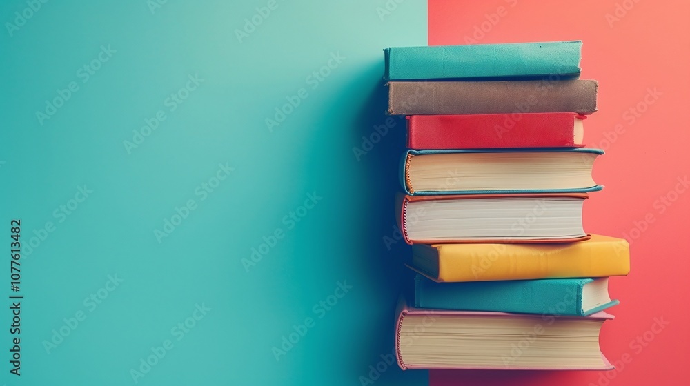 Stack of books with colorful covers, teal and coral split background, minimalist flat lay composition, academic tools, creative and modern design, vibrant study supplies.
Stack of books with colorful covers, teal and coral split background, minimalist flat lay composition, academic tools, creative and modern design, vibrant study supplies.