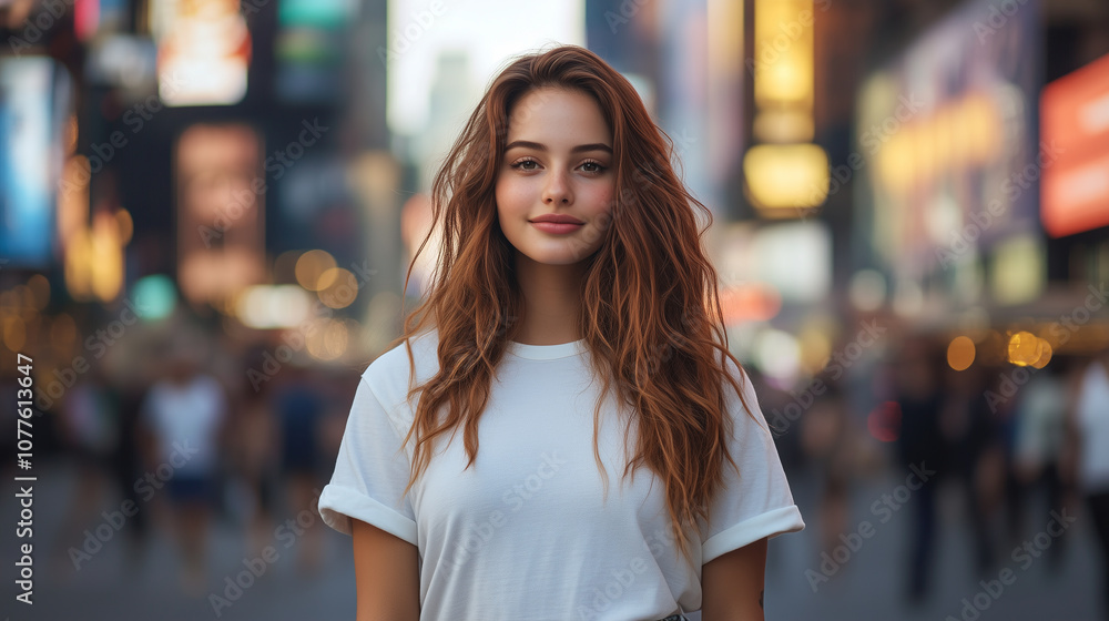 young woman stands confidently in bustling urban environment, showcasing her natural beauty against backdrop of vibrant city lights. young woman stands confidently in bustling urban environment, showcasing her natural beauty against backdrop of vibrant city lights.