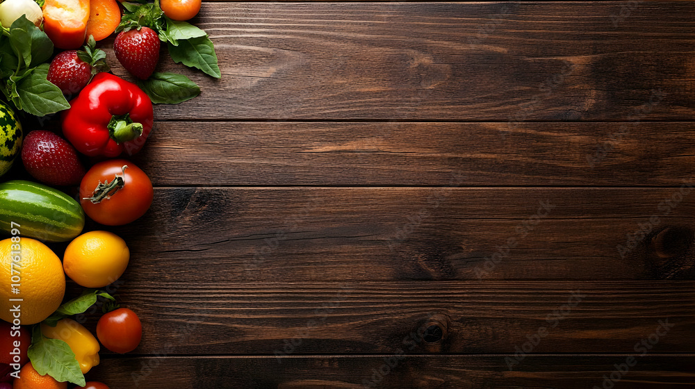 Fresh Fruits and Vegetables on Wooden Background, organic, natural, healthy, food, diet Fresh Fruits and Vegetables on Wooden Background, organic, natural, healthy, food, diet