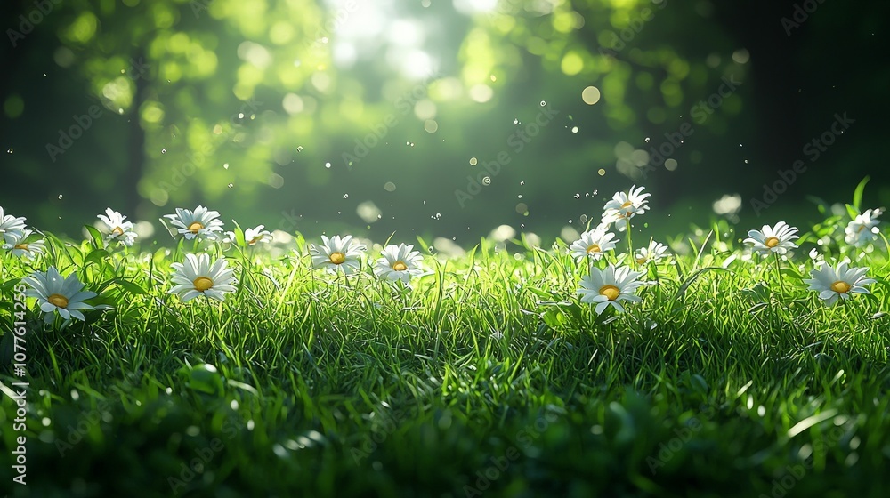 A serene meadow filled with daisies, illuminated by soft sunlight. A serene meadow filled with daisies, illuminated by soft sunlight.