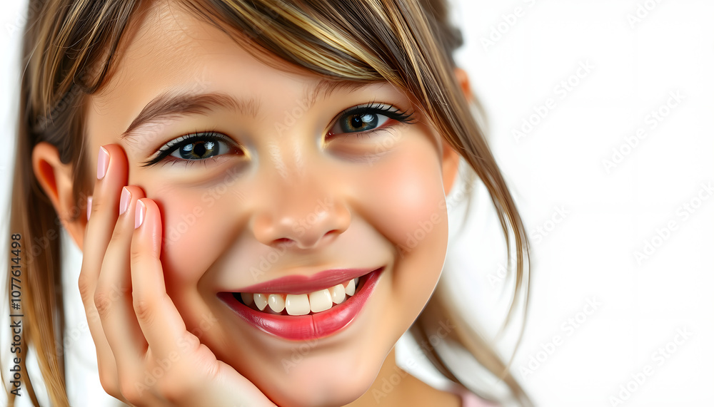 cute girl with perfect smile and glossy lips touching her cheek and smiling isolated with white highlights, png cute girl with perfect smile and glossy lips touching her cheek and smiling isolated with white highlights, png