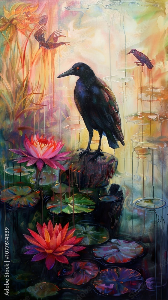 Obraz premium Crow Perched on a Rock in a Pond with Water Lilies