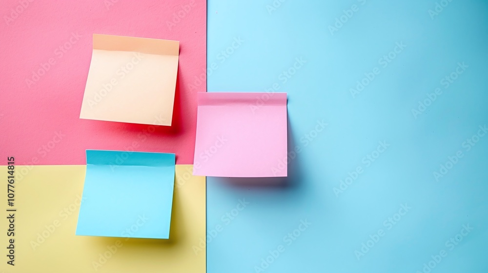 Sticky notes in pink, blue, and yellow, placed on a vibrant pastel-colored background, minimalistic flat lay design, creative stationery for organization, bold and colorful workspace.
Sticky notes in pink, blue, and yellow, placed on a vibrant pastel-colored background, minimalistic flat lay design, creative stationery for organization, bold and colorful workspace.