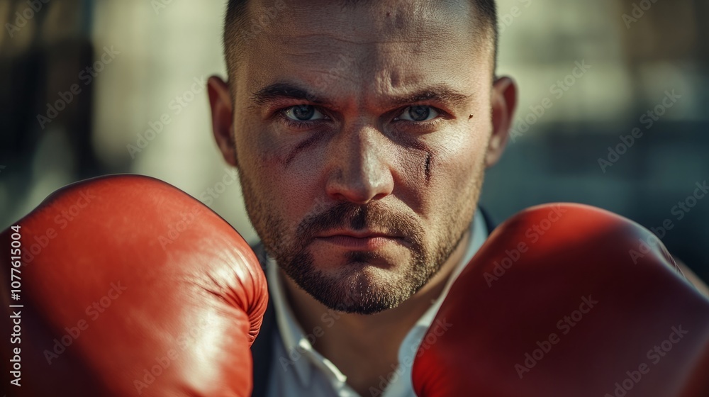 businessman with a black eye, wearing boxing gloves, symbolizing struggles to achieve success. generative ai businessman with a black eye, wearing boxing gloves, symbolizing struggles to achieve success. generative ai