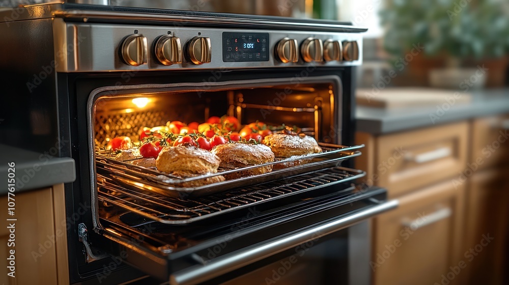 Oven with roasting chicken and tomatoes, showcasing cooking process. Oven with roasting chicken and tomatoes, showcasing cooking process.