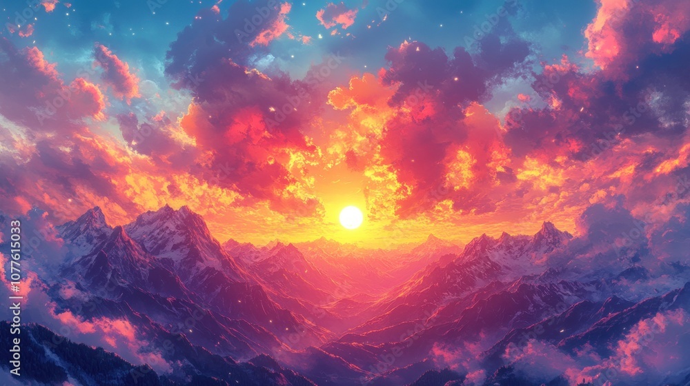 Fototapeta premium A vibrant sunrise over snow-capped mountain peaks, casting a warm glow over the clouds below.