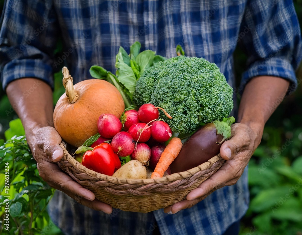 Fototapeta premium a farmer holding a wooden tray full of freshly picked organic vegetables