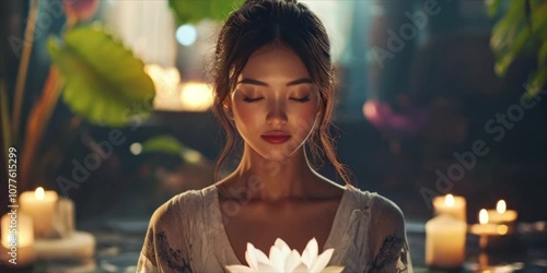 Beautiful young Asian woman sitting with her eyes closed while meditating. Lady in meditation practicing yoga surrounded by burning candles and lotus flowers 