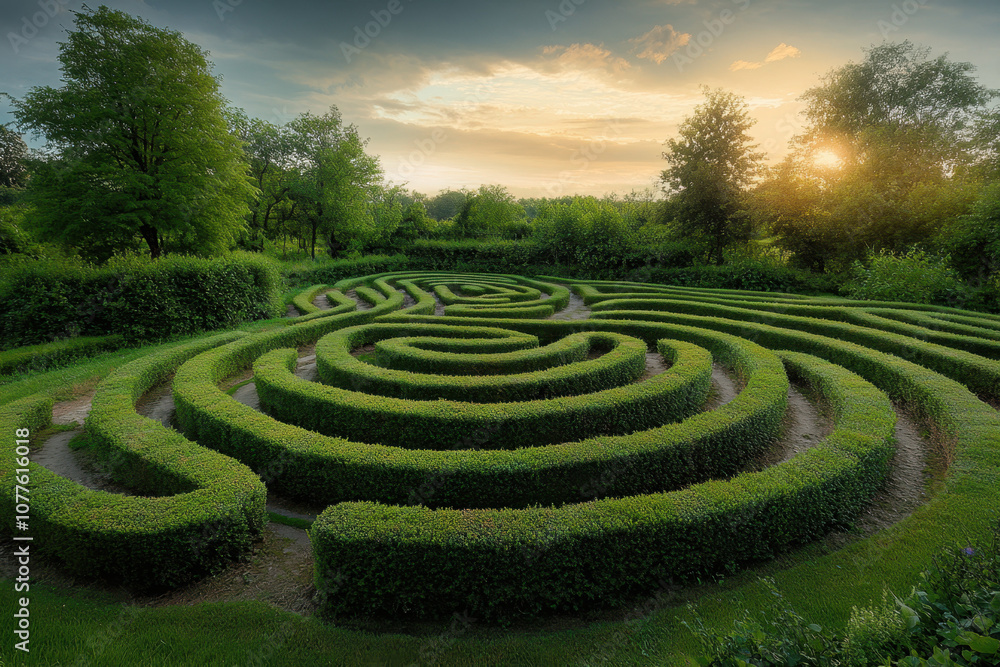 Aerial view of a lush green hedge maze in a serene garden setting during sunset, with sun rays peeking through the trees creating a tranquil atmosphere. Aerial view of a lush green hedge maze in a serene garden setting during sunset, with sun rays peeking through the trees creating a tranquil atmosphere.