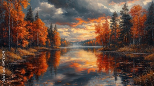 Serene autumn landscape with vibrant trees and reflective water.