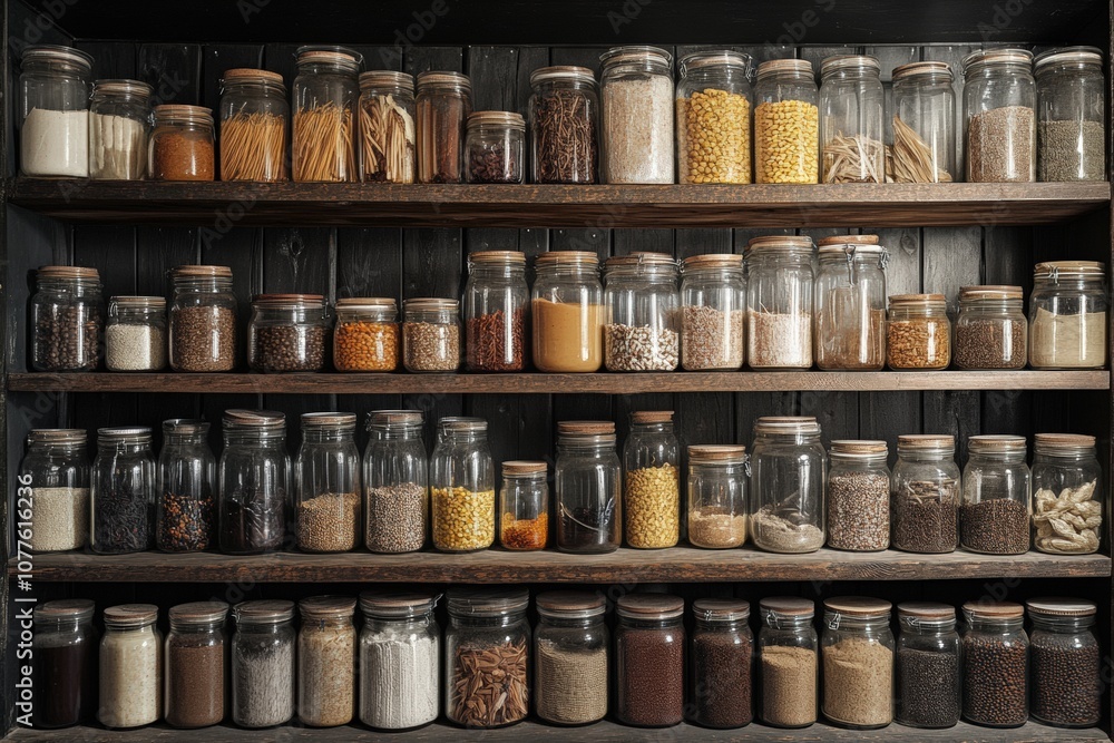 Organized pantry with jars and baskets, and a clean, dust-free surface Organized pantry with jars and baskets, and a clean, dust-free surface