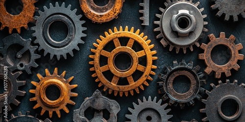 Close-up of Interlocking Rusty and Gold Gears Against a Dark Background