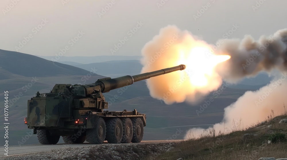 Obraz premium A self-propelled howitzer firing a round with a large plume of smoke and fire coming from the barrel.