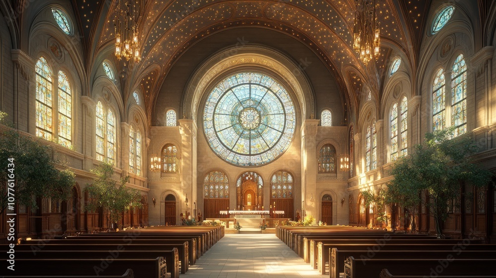 A serene interior of a grand church with stained glass windows. A serene interior of a grand church with stained glass windows.