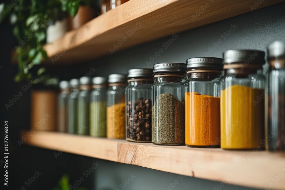 Organized pantry with jars and baskets, and a clean, dust-free surface Organized pantry with jars and baskets, and a clean, dust-free surface