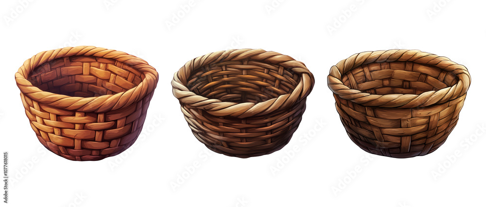Three Unique Woven Baskets on Transparent Background Three Unique Woven Baskets on Transparent Background