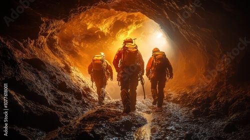 Cavers exploring a dimly lit cave with rugged terrain.