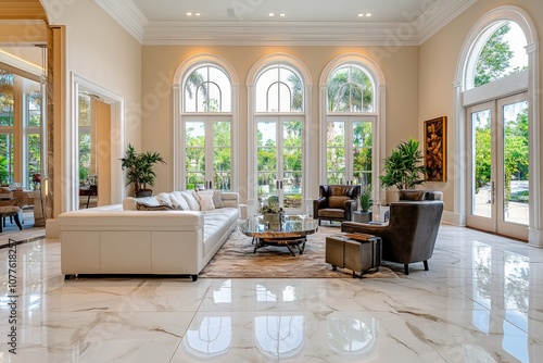 Polished marble floor in a luxurious living room, gleaming in natural light.