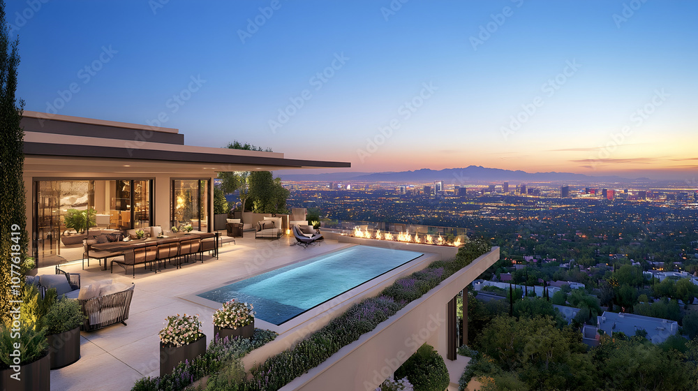 Fototapeta premium Modern Rooftop Terrace with Pool and City Skyline View, modern architecture, luxury home, swimming pool, cityscape, city lights
