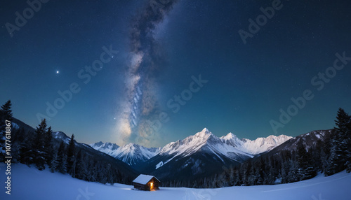Starry Night over Snowy Mountain Range with Moonlit Peaks and Milky Way Sky