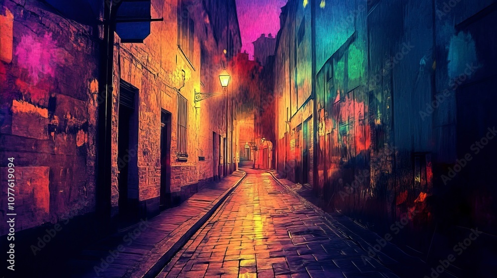 Fototapeta premium jazz, brighter, happy, white tone, alley road, no people, street lamp, colorful, summer night ,generative ai
