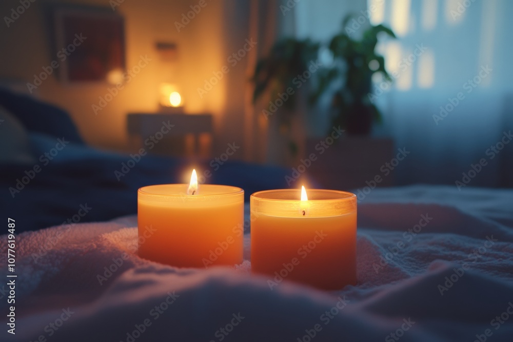 Scented candles burning a freshly cleaned and organized bedroom Scented candles burning a freshly cleaned and organized bedroom