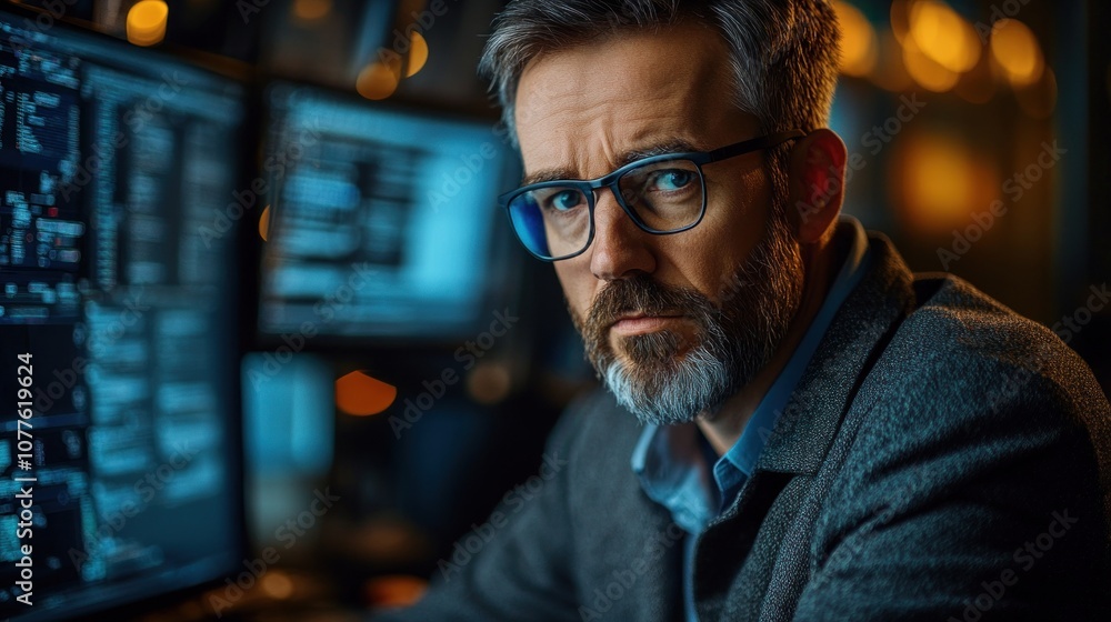 A serious-looking man in glasses sits in front of two computer monitors, working late at night. A serious-looking man in glasses sits in front of two computer monitors, working late at night.