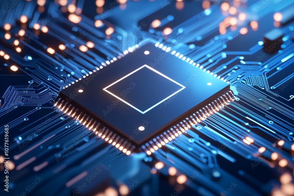 A computer chip is shown in a blue and orange color scheme A computer chip is shown in a blue and orange color scheme