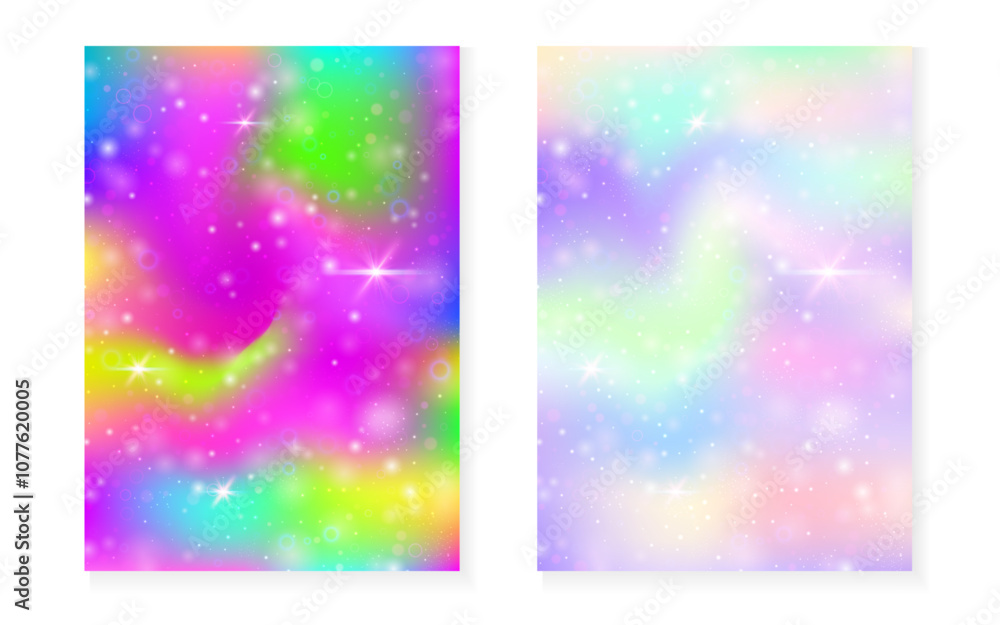 Magic background with princess rainbow gradient. Kawaii unicorn hologram. Holographic fairy set. Trendy fantasy cover. Magic background with sparkles and stars for cute girl party invitation. Magic background with princess rainbow gradient. Kawaii unicorn hologram. Holographic fairy set. Trendy fantasy cover. Magic background with sparkles and stars for cute girl party invitation.
