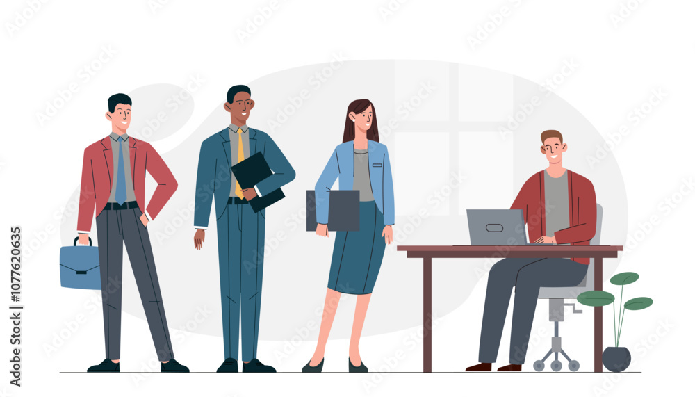 People at job interview. Men and women in suits answer hr questions. Headhunting and recruitment. Businessman at workplace. Hiring to company or organization. Flat vector illustration People at job interview. Men and women in suits answer hr questions. Headhunting and recruitment. Businessman at workplace. Hiring to company or organization. Flat vector illustration