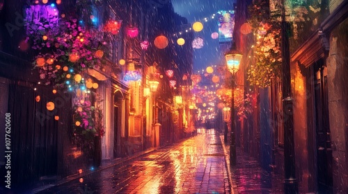 jazz, brighter, happy, white tone, alley road, no people, street lamp, colorful, summer night ,generative ai