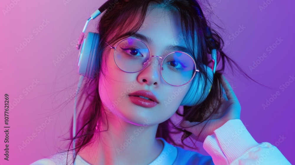 Fototapeta premium Beautiful hipster Asian girl wearing glasses and headphones listening to music, AI generated image