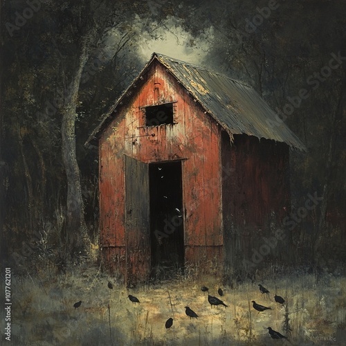 A Rustic Red Barn in the Gloomy Forest: A Weathered Structure with an Open Door and Black Birds