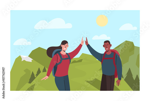 Travelers in mountains. Man and woman with backpacks outdoors. Active lifestyle. Hiking and camping. Tourists in wild nature. Flat vector illustration isolated on white background
