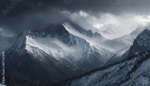 Snowstorm Sweeping Across Rugged Snowy Mountain Range with Dark Clouds and Heavy Snowfall