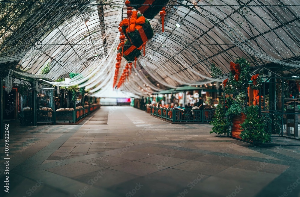 Blurred covered street in Gramado, Rio Grande do Sul State with Christmas décor