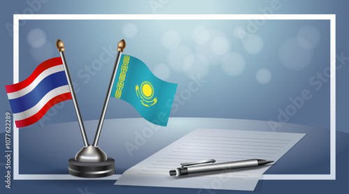 Thailand and Kazakhstan National flags on small table with bokeh background, cooperative relationship