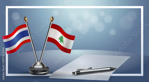 Thailand and Lebanon National flags on small table with bokeh background, cooperative relationship