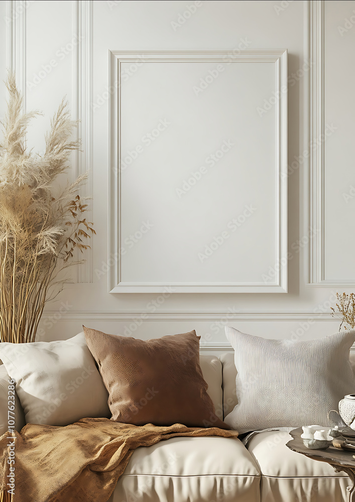 a white empty frame hanging on the wall on a living room decorated for autumn a white empty frame hanging on the wall on a living room decorated for autumn