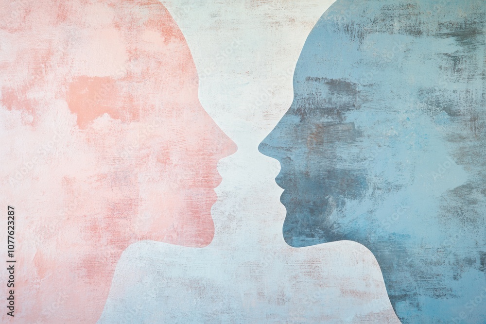 Pastel silhouettes of two faces in profile communicate deep emotional connection and empathy through their shared space. Generative AI Pastel silhouettes of two faces in profile communicate deep emotional connection and empathy through their shared space. Generative AI