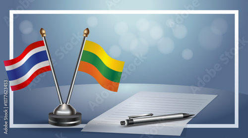 Thailand and Lithuanian National flags on small table with bokeh background, cooperative relationship