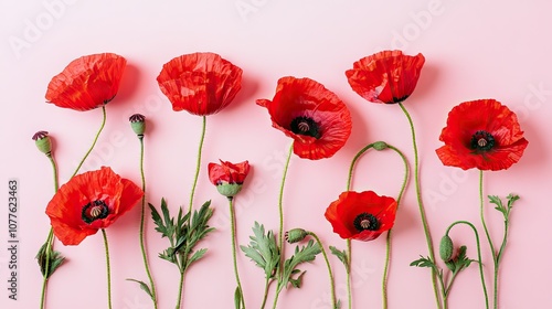 Vibrant Red Poppies on Soft Pink Background photo