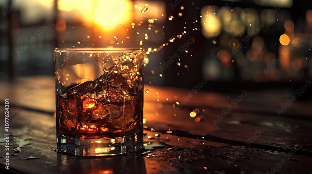 Close-up of a Glass of Whiskey with Ice Cubes on a Bar Counter at Sunset Close-up of a Glass of Whiskey with Ice Cubes on a Bar Counter at Sunset