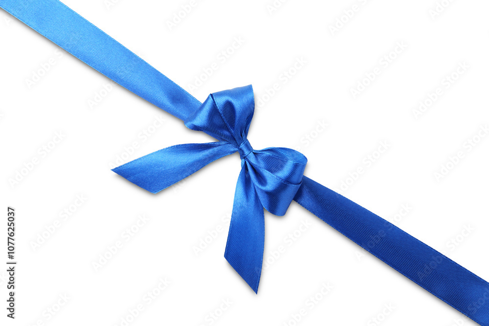 Beautiful blue ribbon with bow isolated on white, top view Beautiful blue ribbon with bow isolated on white, top view