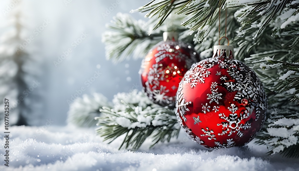 elegant christmas balls on snowy pine branches elegant christmas balls on snowy pine branches