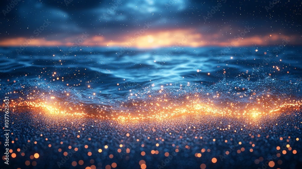 A serene ocean scene with shimmering waves and a glowing horizon at dusk. A serene ocean scene with shimmering waves and a glowing horizon at dusk.