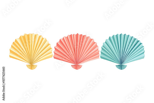 Collection of Decorative Paper Fans in Cheerful Colors , Simple Shapes and Bright Colors in a Minimalistic Style, isolated on transparent PNG background.