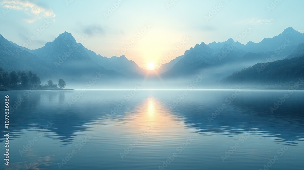 Serene sunrise over a misty lake and mountains. Serene sunrise over a misty lake and mountains.